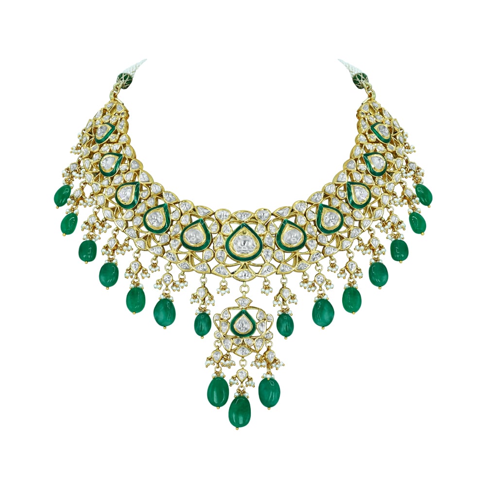 Pear Shaped Polki Choker with Emerald Drops and Cascading Design